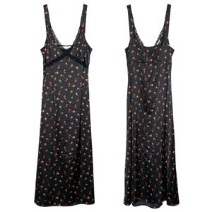 Altar'd State Floral Rose Satin Midi Slip Dress Black Size Small Goth Lace Trim
